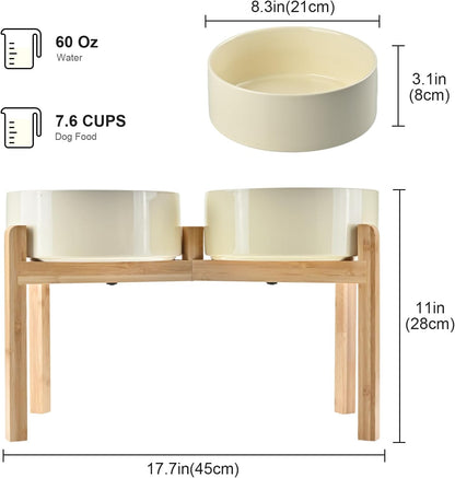 SPUNKYJUNKY Elevated Dog Bowls Ceramic, 8.3'' Dogs Food Water Bowls Raised with Non-Slip Bamboo Stand for Large Sized Breed Microwave Dishwasher Safe - 60 OZ,Beige