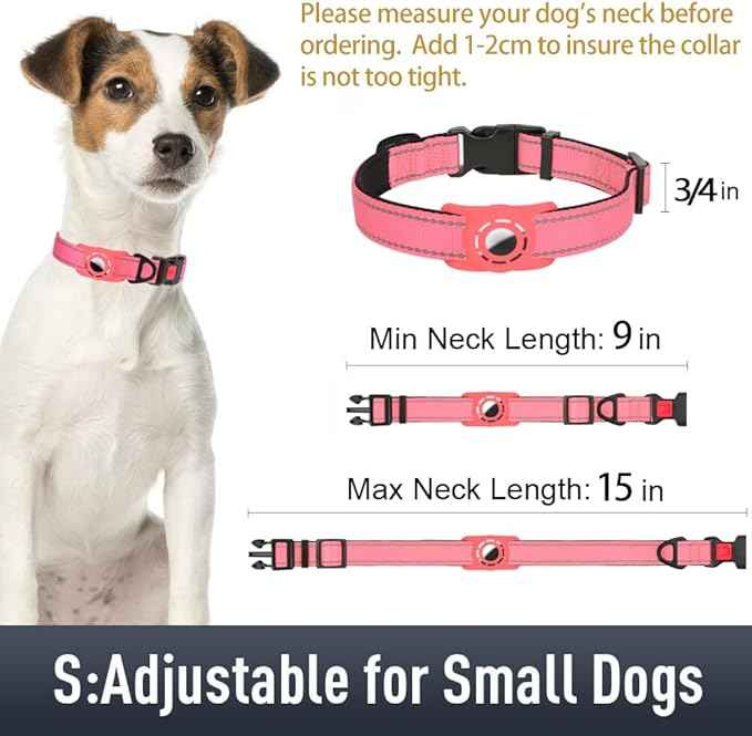 AirTag Dog Collar with AirTag Holder Compatible for Air Tag, Reflective Soft Padded, Safety Locking Buckle, Adjustable Nylon for Small Medium Large Dogs (Pink,S)