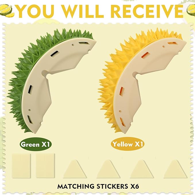 Hiboom 2 Pcs Cat Wall Corner Scratcher Durian Shaped Self Groomer Face Scratcher Massage Comb Grooming Brush Tool for Indoor Long & Short Fur Kitten Dogs, Green and Yellow
