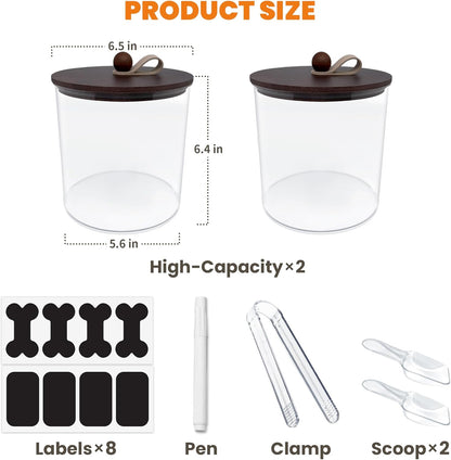 2 Pack Airtight Dog Food Storage Container,Dog Treat Container Dog Treat Jar with Wood Lids 6x5'',Pet Food Storage Container,Cat Food Container with Scoops,Food Tong,Labels,Pen