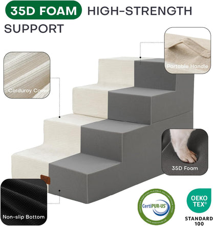 Dog Stairs for High Bed, Dog Steps for Bed Couch Sofa, 35D Foam Extra Wide Pet Steps for Small Dogs and Cats, Pet Stairs with Non-Slip Bottom Beige, 5 Steps
