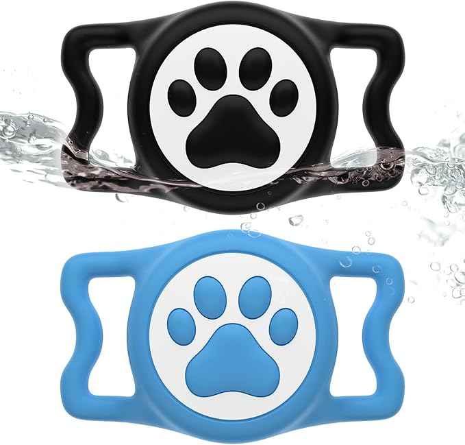 for Airtag Dog Collar Holder, Dog Airtag Holder Waterproof, Lightweight & Soft Silicone Air Tag Case for Pet Collars, Works with Multiple Tracker Tag Products (Black+Blue, 2 Pack)