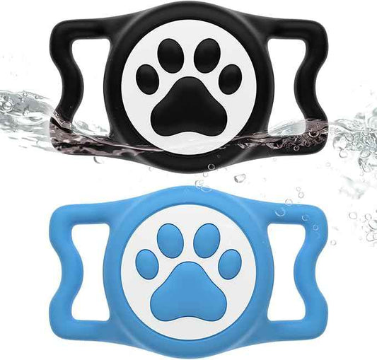for Airtag Dog Collar Holder, Dog Airtag Holder Waterproof, Lightweight & Soft Silicone Air Tag Case for Pet Collars, Works with Multiple Tracker Tag Products (Black+Blue, 2 Pack)