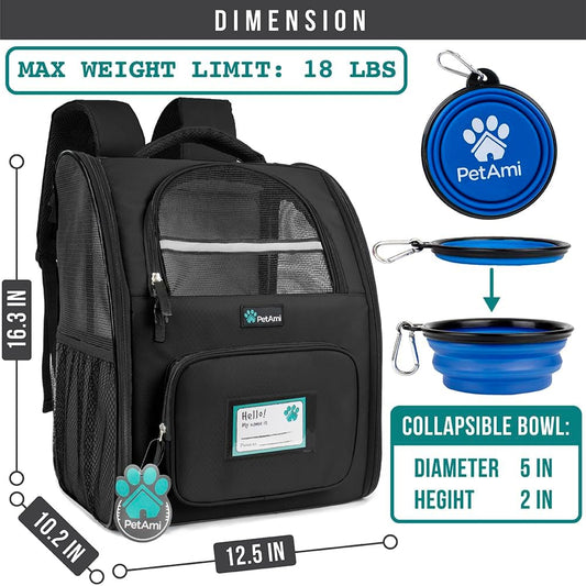 PetAmi Dog Backpack Carrier for Small Large Cat, Pet, Puppy, Ventilated Pet Hiking Backpack Travel Bag, Airline Approved Cat Backpack Carrier, Camping Biking Dog Bag Up to 18lbs Pet, Black
