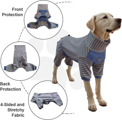 Dog Pyjamas PJS Sweater Clothes and Home Clothing Suitable for Large to Giant Breeds of Dogs, Dog Surgery Recovery Suit, Extra-Large Stretch Fabric, Four-Legged (Thickened Blue Stripes, L)