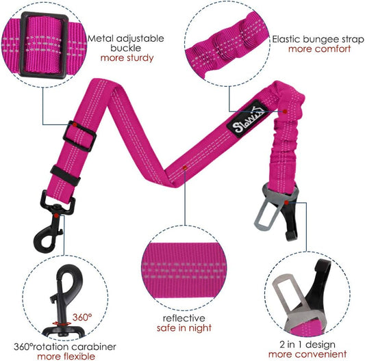 SlowTon Dog Seat Belt, Adjustable Dog Safety Belt Leash, 2 in 1 Latch Bar Attachment Dog Car Seatbelt with Elastic Nylon Bungee Buffer, Reflective Nylon Belt Tether (FU)