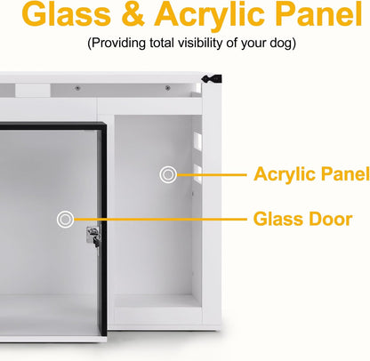 Lovupet Wooden Dog Crate Furniture, Villa Style Dog Kennel for Medium Breed with Glass Door and Acrylic Panels, GC34 (White)