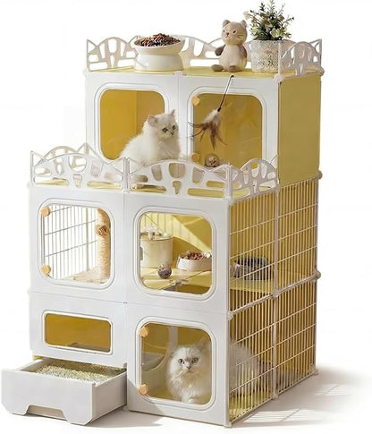 Cat Cage with Built-in Litter Box & Interactive Platform, Top Storage Shelf, Cat Cage Indoor & Outdoor Use, Expandable Cat Playpen