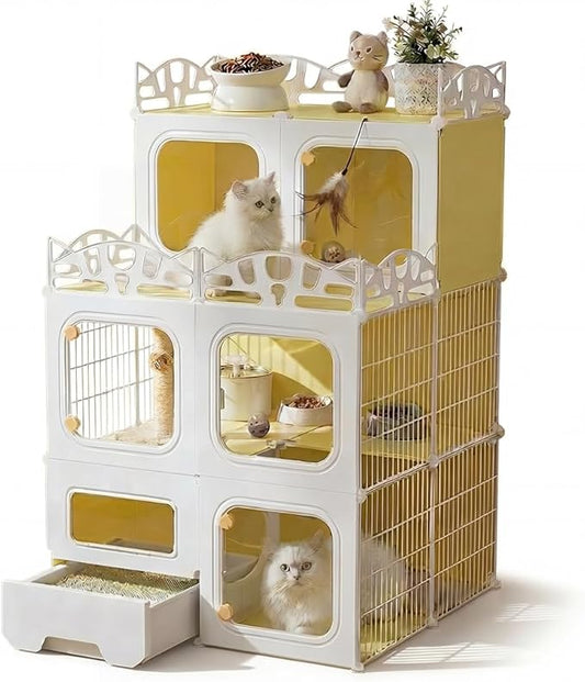Cat Cage with Built-in Litter Box & Interactive Platform, Top Storage Shelf, Cat Cage Indoor & Outdoor Use, Expandable Cat Playpen