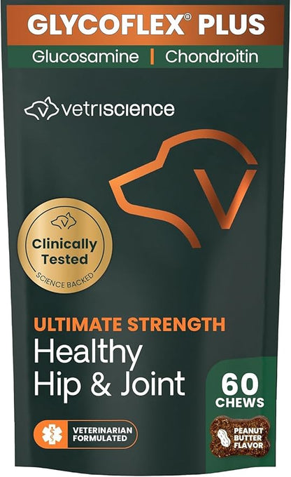 VetriScience GlycoFlex Ultimate Strength Healthy Hip and Joint – Mobility Supplement with Glucosamine for Dogs, MSM & Green Lipped Mussel, Peanut Butter, 60 Count