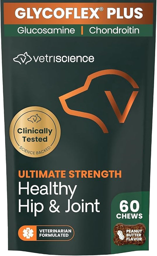 VetriScience GlycoFlex Ultimate Strength Healthy Hip and Joint – Mobility Supplement with Glucosamine for Dogs, MSM & Green Lipped Mussel, Peanut Butter, 60 Count