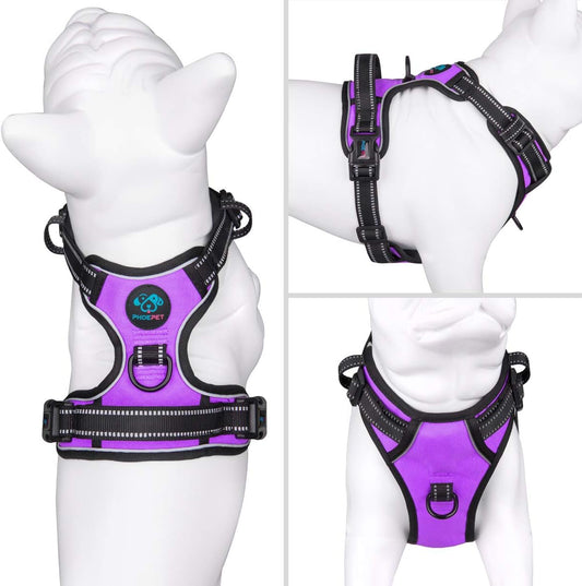 PHOEPET No Pull Dog Harness Medium Reflective Front Clip Puppy Vest with Handle,Adjustable 2 Metal Leash Attachment Hooks(M, Purple)
