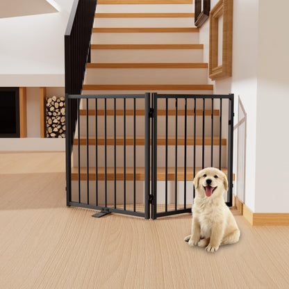 Full Metal Freestanding Dog Gate with Door, 24'' Height Foldable Pet Dog Fence for Indoor & Outdoor, 2 Panels Extra Wide Free Standing SmallDog Gates for Doorways,House,Stairs,Porch,Deck,Yard
