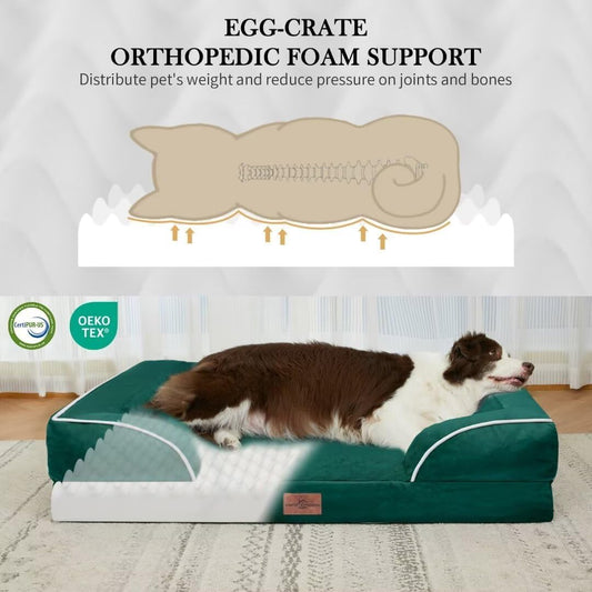 Comfort Expression XL Orthopedic Dog Beds, Waterproof Extra Large Dog Beds with Bolster, Washable Pet Sofa Couch with Removable Cover & Non-Slip Bottom(X-Large,Emerald)