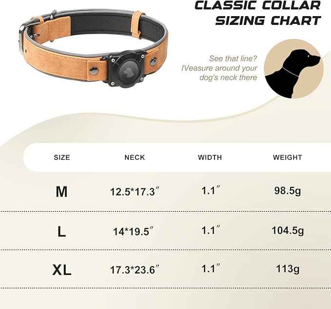 Leather AirTag Dog Collar, Waterproof Dog Collar with Air Tag Holder, Compatible with Apple Air Tag, Reflective, Durable, Comfortable Padded GPS Dogs Collars (Light Brown, L)