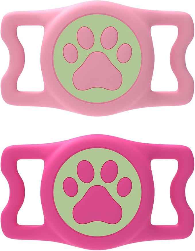 2-Pack Waterproof Dog Collar Airtag Holder,Stretchy Silicone Full Body Covered tag Holder for Dog Cat Collars (Pink/Rosered Luminous)