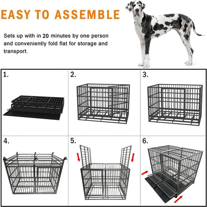 54/48/42/38 Inch Heavy Duty Dog Crate Cage with Wheels, Indestructible and Escape Proof Steel Kennel Indoor for High Anxiety Dogs with Sturdy Locks, Double Door and Tray, Extra Large XL XXL