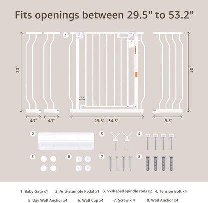 Mom's Choice GROWNSY Baby Gate, 29.5"-53" Auto-Close Dog Gate for Stairs & Doorways, Pressure-Mounted Easy Install Baby Gate - No Drill, Anti-Trip, Walk Through, Safe & Durable