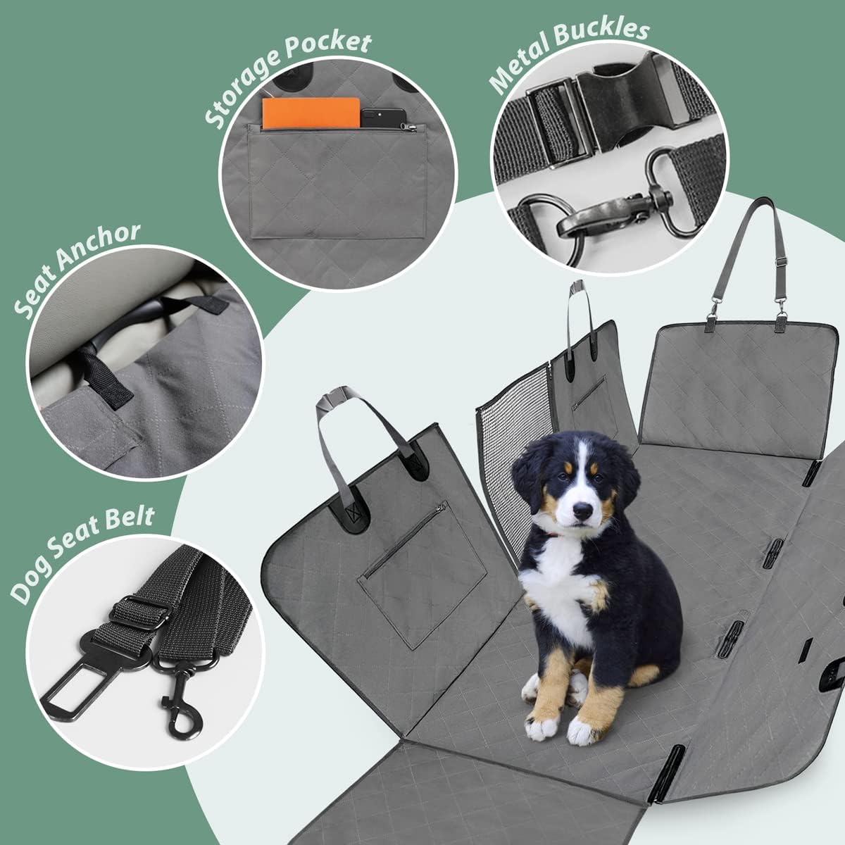 Dog Car Seat Cover for Back Seats 100% Waterproof with Metal Buckle Mesh Window Scratch Proof Heavy Duty Rear Backseat Protector Hammock for Pet, SUV Truck Vehicle Accessories, 54" x 58", Grey - Pawvie