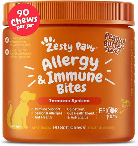 Zesty Paws Dog Allergy Relief Chews, Dog Probiotics for Itchy Skin and Ears, Peanut Butter, 90ct