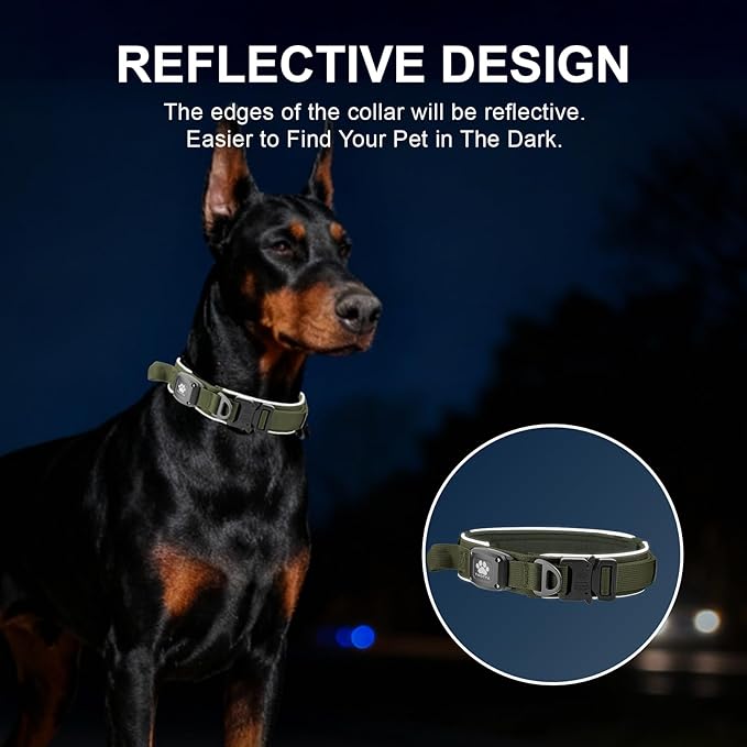 2026 Upgrade Dog Collar with IPX8 Waterproof AirTag Holder,Military Tactical Comfortable Control Handle and Ultra-Durable Metal Buckle/Night Reflective,GPS Collar for Medium to Large Dogs（ArmyGreen/L）