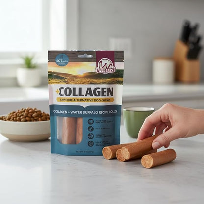 Wild Eats Water Buffalo Flavor Collagen Retriever Style Cheek Rolls 5" Dog Chews-4 Pack (Long Lasting Dog Chews Treats & Bones for Medium Dogs) Substitute for Pig Ears for Dogs