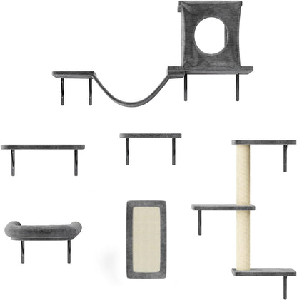 NUNU LAB Cat Wall Shelves, 6 Pcs Luxury Wall-Mounted Cat Climber Set, Indoor Cat Furniture with 1 Condos House, 2 Cat Wall Shelves, 1 Scratching, 1 Bridge Ladder, 1 Scratching Pad, Dark Gray