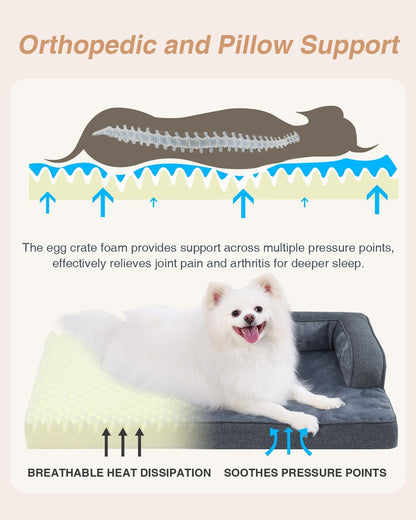 KSIIA Orthopedic Dog Bed for Medium Size Dog，Washable Pet Sofa with U-Shaped Bolster Removable Waterproof Cover Non-Slip Bottom and Egg-Crate Orthopedic Foam Pet Couch Bed, 35 x 22 Inch, Dark Gray