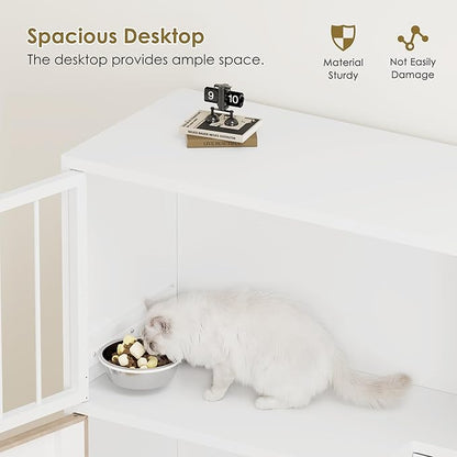 Dog Proof Cat Feeding Station, Metal Cat Feeding Station with Scratching Board, Raised Bowls for Indoor Cats, Elevated Food Bowls with Stand, Pet House Furniture (Metal White)