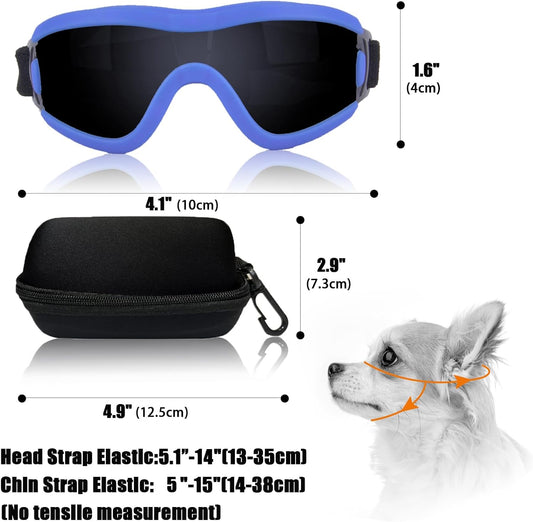 Dog Goggles Small Breed Dog Sunglasses with Adjustable for UV Protection Eyewear Doggy Doggie Puppy Glasses Anti-Fog Wind Dust Snowproof (Blue Frame Black Lens)