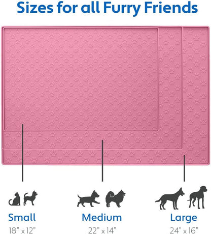 MIGHTY MONKEY 100% Waterproof Dog Food Mat, Raised Edges Silicone Pet Feeding Placemat for Cat, Dogs, Pet Bowls, High Lipped Tray Prevents Water Spills, Food on Floor, Dishwasher Safe, 18x12, Pink