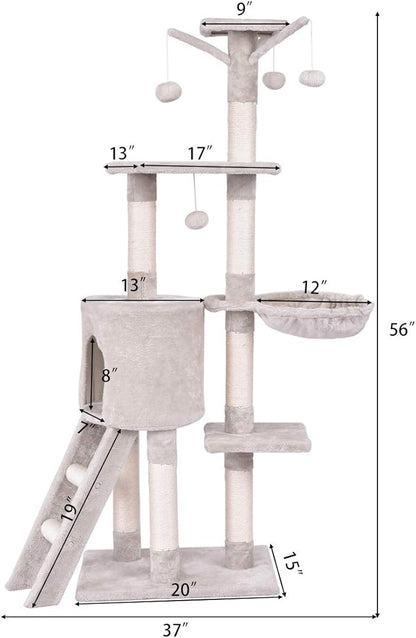 Tangkula 56 Inch Cat Tree - Multi-Level Cat Tower Condo with Sisal Scratching Post and Ladder, Large Cat Playground for Indoor Cats
