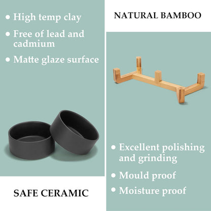 SPUNKYJUNKY Ceramic Dog and Cat Bowl Set with Wooden Stand, Modern Cute Weighted Food Water Set for Large Size Dogs (7.6 Cups, 2 × Black)