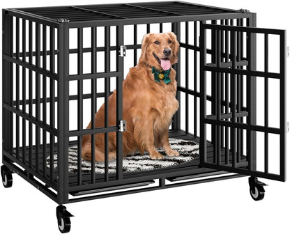 38 Inch Heavy Duty Dog Crate with Wheels,Indestructible Escape-Proof Dog Kennel with Locking Latch and Double Door,Extra Large XL XXL Crate Indoor for Large and Medium Dog with Removable Tray