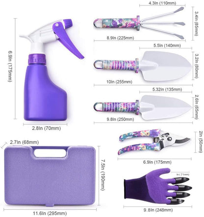 6 Pieces Garden Tools Set Planting Tools, Non-Slip Handle with Anti-Rust Trowel, Cultivator, Pruning Shear, Water Sprayer and Carrying Case, Gloves with Claws