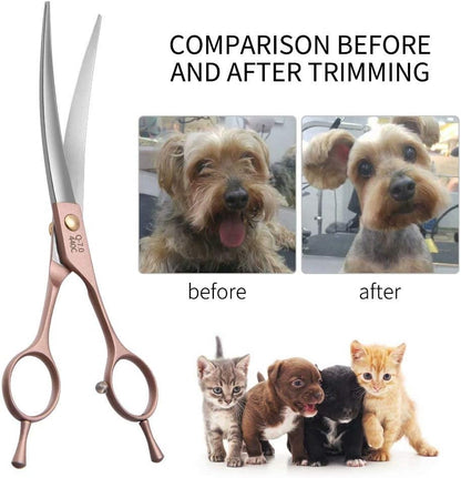 Fenice Peak Professional Curved Dog Grooming Scissors 8'' Rose Gold 440C Stainless Steel Pet Cutting Shears Safety Trimming Shearing for Dogs Cats