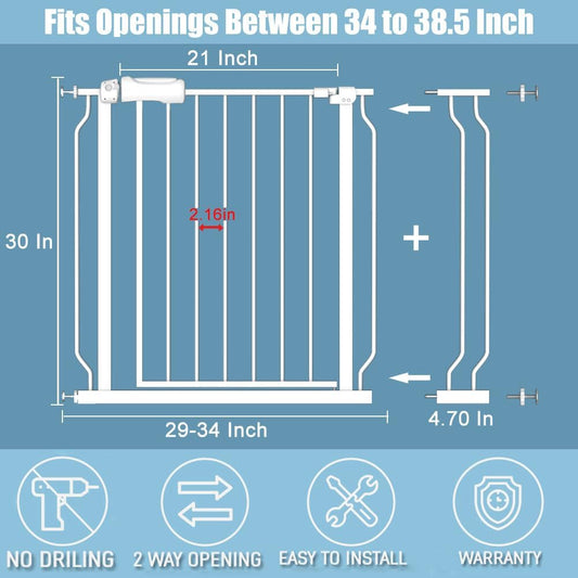 Extra Wide Baby Gate 34-38.5 Inch Wide with Pressure Mounted Extention Kit Walk Through Pet Gate Safety Child Gate for Stairs Doorways Kitchen Living Room