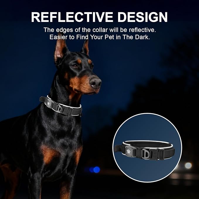 2026 Upgrade Dog Collar with IPX8 Waterproof AirTag Holder,Military Tactical Comfortable Control Handle and Ultra-Durable Metal Buckle/Night Reflective,GPS Collar for Medium to Large Dogs（Black/L）