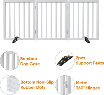 White 18-55" Wide Pet Gate, Bamboo Dog Gate for Stair, Foldable Dog Gates for Doorways House, Freestanding Pet Gates 24inches Tall, Doogie Puppy Gate Fences Indoor