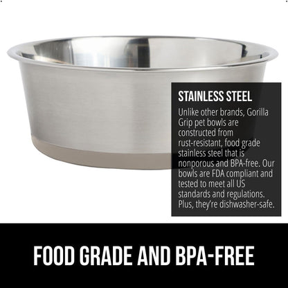 GORILLA GRIP Set of 2 Dog Bowls, Heavy Duty Metal Food and Water Bowl for Feeding Dogs and Cats, Dishwasher Safe, Rust Resistant Stainless Steel, BPA Free Rubber Base, Holds 1 Cup (8 fl oz), Beige