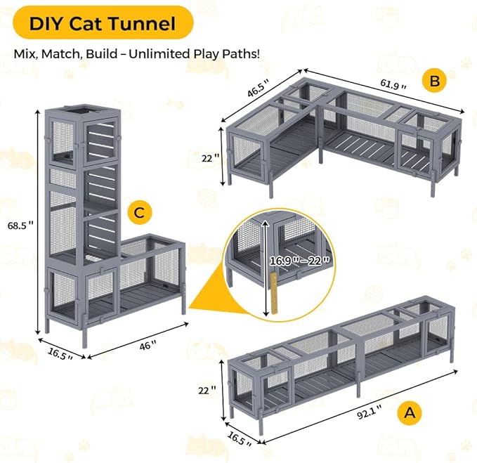 COZIWOW Wooden Cat Play Tunnel with Platforms – Configurable Window Catio, Multi-Combination Extendable Cat Run & Small Pet Play Enclosure for Indoor/Outdoor Use