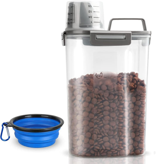 Upgraded Dog Food Storage Container Small, Cat Food Container Airtight, Pet Food Container Dispenser with Pour Spout, Measuring Cup and 4 Seal Buckles for Dogs, Cats, Birds (Grey)