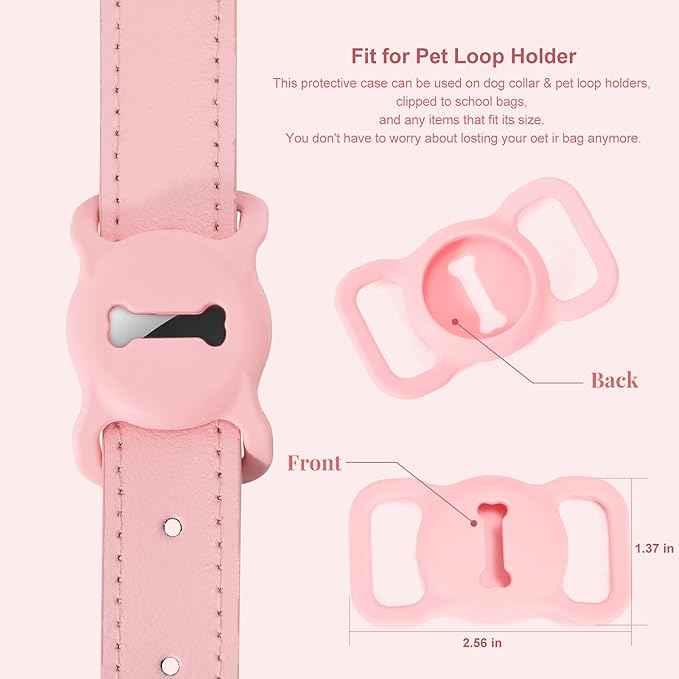 Airtag Leather Dog Collar for Small Medium Large Dog Adjustable Soft Padded Air Tag Puppy Collar Heavy Duty Metal Buckle Collar with Anti-Lost Airtag Holder Protective Case,XS,Pink
