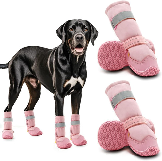 Hcpet Dog Shoes, Dog Boots & Paw Protectors for Winter Snowy Days, Rainy Weather, Outdoor Anti-Slip Sole Dog Booties for Hardwood Floor Pink-Leg 6