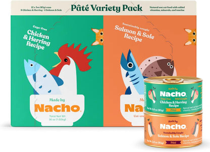 Made by Nacho Pate Wet Cat Food Variety Pack, Chicken & Herring and Salmon & Sole, 3 Ounce Cans, Grain-Free Canned Pet Food, Bone Broth Infused for Hydration, 12 Pack