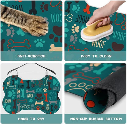 Dog Food Mats for Floors Waterproof, Pet Feeding Absorbent Water Bowl Mat Cat Placemats Green Bone Shape 19 * 12 inch