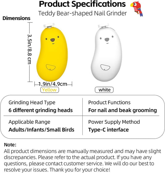 MANON ROSA Bird Nail Grinder, Bird Beak Grinder- Safe and Quiet Bird Nail Care Tool, Complete Grooming Kit for Parrots Conures Cockatiels Finches Parakeets, Premium Beak Maintenance (Yellow)