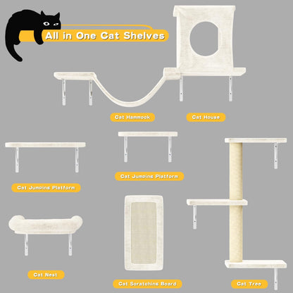 NUNU LAB Wall Mounted Cat Furniture, 6 Pcs Cat Wall Shelves with Condo House, Bridge, Steps, Scratcher, Hammock, Indoor Safe & Stable Furniture for Kittens Play, Beige