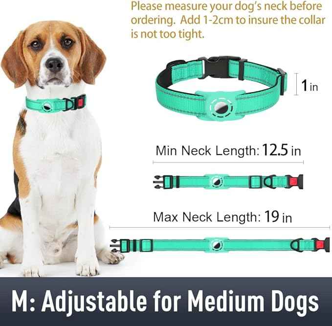 AirTag Dog Collar with AirTag Holder Compatible for Air Tag, Reflective Soft Padded, Safety Locking Buckle, Adjustable Nylon for Small Medium Large Dogs (Teal,M)