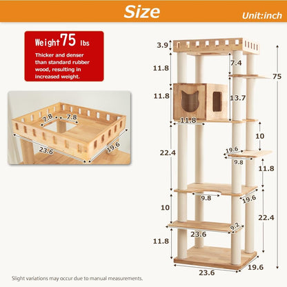 74" Wooden Cat Tree Tower for Large Cats, Multi-Level Cat Climbing Furniture with Scratching Posts, Cat Condo & Hammock, Natural Wood Cat Activity Center (White)